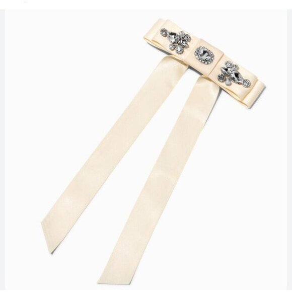 Icing 2 Piece Hair Ivory Rhinestone Studded Satin Long Tail Hair Bow Clip - Picture 2 of 4